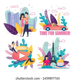 Motivational Summer Cartoon Illustration Flat Set. Vector People, Married Couples Going on Vacation. Invitation to Spend Fun Summertime. Travelling and Rest. Voyage to Europe. Natural Design