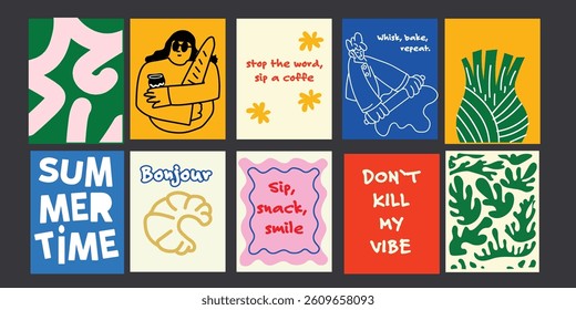 Motivational and Sweet Card Collection  in cartoon 90s style for cafe branding, menus, art posters, greetings