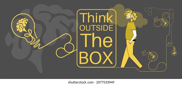 Motivational Typographic Quote - Think Outside The Box concept Vector Typographic Design with lightbulb and brain logos.