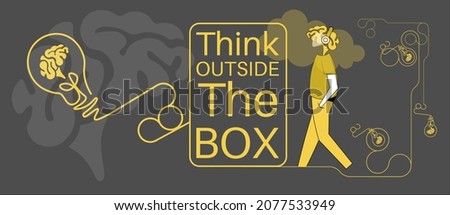 Motivational Typographic Quote - Think Outside The Box concept Vector Typographic Design with lightbulb and brain logos.