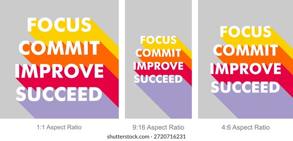 Motivational Typography Quote Design Multi Ratio Set con sombras largas y coloridas para el éxito y la productividad