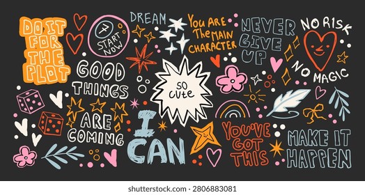 Motivational typography quotes and positive affirmation posters in colorful hand drawn doodle style. Inspirational wall art for home office classroom workspace decor, self care, productivity and mindset