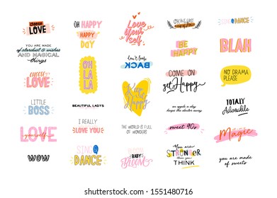 Motivational typography set of cool quotes. Isolated on white background. Trendy and cute lettering. Perfect for t shirt design, posters, stickers, banners, cards. Scandinavian style.