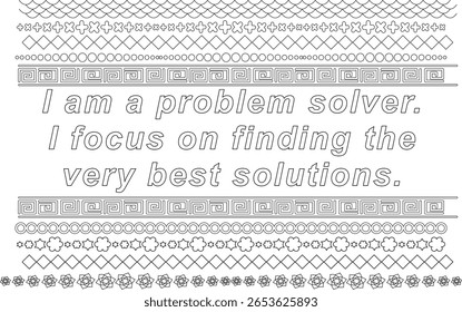 Motivational vector graphic with 'I am a problem solver' affirmation, featuring intricate line art borders; ideal for personal growth and inspiration.
