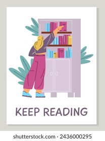 Motivational vector illustration of a person selecting a book from a shelf, encapsulated by the inspirational phrase KEEP READING .