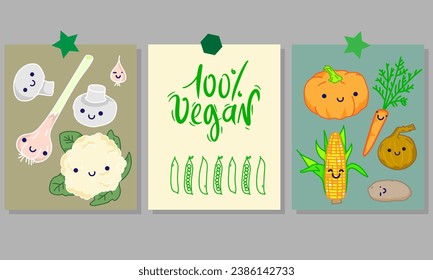 Motivational vertical poster with 100% Vegan lettering decorated with vegetables, berries, greens and fruits. Flat vector illustration of vegetarian placard or card with place for text