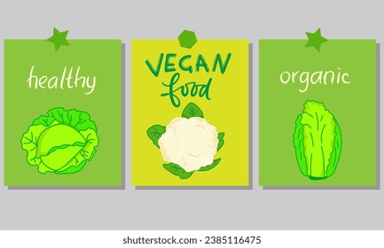 Motivational vertical poster with Vegan Food lettering decorated with vegetables, berries, greens and fruits. Flat vector illustration of vegetarian placard or card with place for text