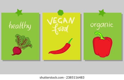 Motivational vertical poster with Vegan Food lettering decorated with vegetables, berries, greens and fruits. Flat vector illustration of vegetarian placard or card with place for text