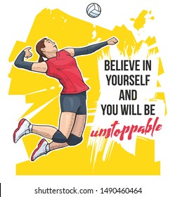 Motivational volleyball sport poster. Vector illustration of a female volleyball player jumping on abstract background