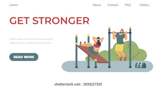 Motivational website header with man and woman doing sports workout outdoors on sports ground, flat vector illustration. Athletic field with training people.