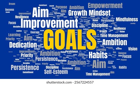 Motivational word collage emphasizing key life improvement areas such as goals, ambition, and perseverance. Perfect for personal growth, discipline, empowerment, and success poster.