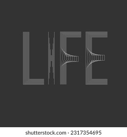 the motivational word LIFE in gray on a black background