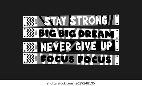 Motivational wristband set with empowering words like “focus,” “stay strong,” “keep going,” and “dream big.” Cartoon-style vector mockups perfect for daily inspiration, school, fitness, and personal 