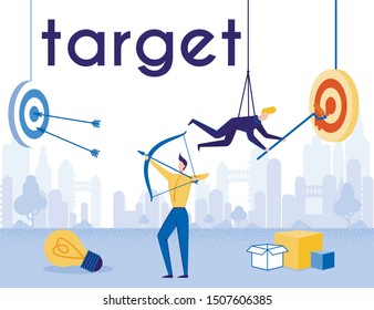 Motivator Achieving and Planning Company Target. Businessman Hanging on Ropes Paints Aim and Worker Shoots from Bow at Dartboard. Thinking Out of Box. Cartoon Business Poster. Vector Flat Illustration