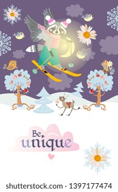 Motivator "Be unique!" Beautiful card with a funny winged raccoon skiing in the night sky among the clouds over the winter forest with cheerful trees and a deer.