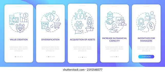 Motives for mergers blue gradient onboarding mobile app screen. Consolidation walkthrough 5 steps graphic instructions with linear concepts. UI, UX, GUI template. Myriad Pro-Bold, Regular fonts used