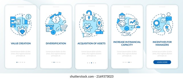 Motives for mergers blue onboarding mobile app screen. Consolidation walkthrough 5 steps editable graphic instructions with linear concepts. UI, UX, GUI template. Myriad Pro-Bold, Regular fonts used