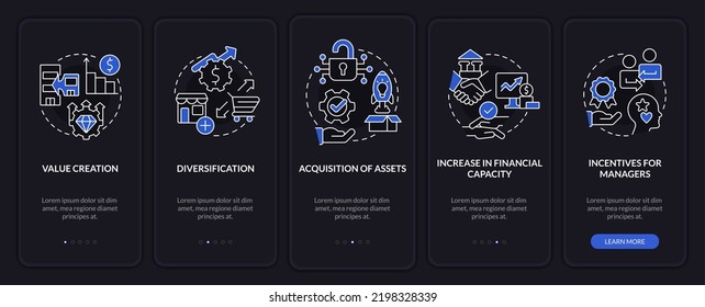 Motives for mergers night mode onboarding mobile app screen. Fusion walkthrough 5 steps editable graphic instructions with linear concepts. UI, UX, GUI template. Myriad Pro-Bold, Regular fonts used