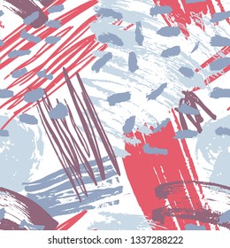 Motley abstract artistic seamless pattern with creative chaotic paint traces, blots, stains, daub on white background. Cool creative backdrop. Vector illustration for wrapping paper, fabric print