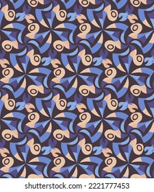 Motley abstract seamless pattern in beige and blue tones. Overlapping art forms, stripes, polygons, segments are grouped and arranged in a certain order. Vector. 