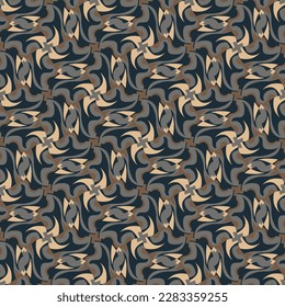 Patrón ininterrumpido y abstracto en tonos beige-gris-marrón. Las formas de arte superpuestas, las rayas, los polígonos, los segmentos se agrupan y organizan en un orden determinado. Vector. 