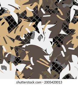 motley abstract seamless pattern. gray, beige, brown various polygons are randomly arranged on a black grid background. vector
