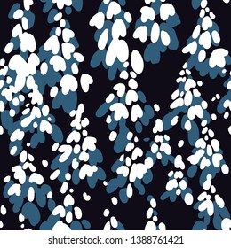 Motley abstract seamless pattern. Multicolor ovals forming trees
under the snow. Plain silhouettes nature background. Good for textile and fabric.