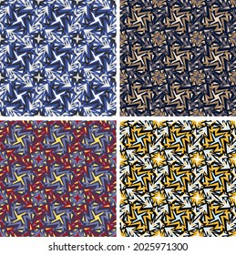 motley abstract seamless pattern. overlapping shapes with jagged edges are arranged in a specific order. vector set of four images. 