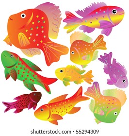 Motley aquarian small fishes. Vector illustration.