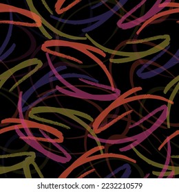 Motley arrow seamless pattern. Multi-directional multi-colored arrows are randomly located on a black background. Vector.