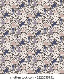 Motley art seamless pattern in light colors. Abstract forms of gray tones with a dark outline are grouped and arranged in a certain order on a beige background. Vector.