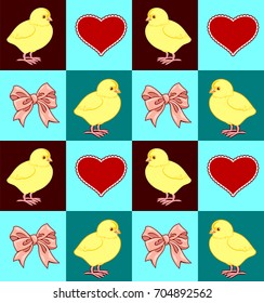 Motley background with squares, cute chicken, hearts and bows. Children's print