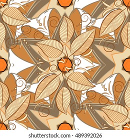 Motley bay leaves repeat pattern on beige, white and brown background vector.