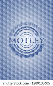 Motley blue badge with geometric background.