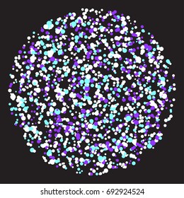 Motley bright sprayed circle abstract pattern background. Vector white, blue, purple colored geometric decor for design card, modern pop party invitation, t shirt, poster, flyer etc.
