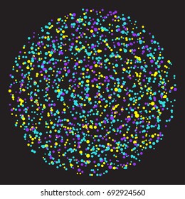 Motley bright sprayed circle abstract pattern background. Vector decoration for design card, modern pop party invitation, t shirt, poster, flyer etc.