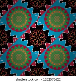 Motley center in black, blue and green tones. Carpet with ethnic ornament. Vector seamless pattern, luxurious colourful old design.