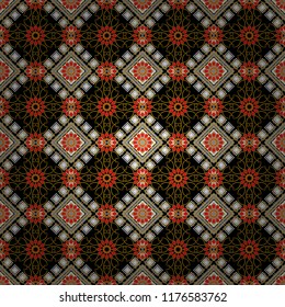 Motley center in black, gray and orange tones. Vector seamless pattern, luxurious colourful old design. Carpet with ethnic ornament.