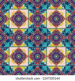 Motley center in green, violet and pink tones. Vector seamless pattern, luxurious colourful old design. Carpet with ethnic ornament.