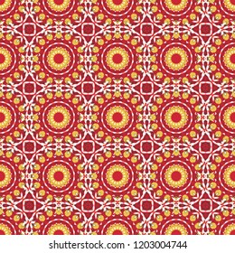 Motley center in red, yellow and white tones. Vector seamless pattern, luxurious colourful old design. Carpet with ethnic ornament.