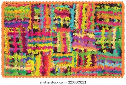 Motley checkered mat, rug ,doormat, carpet,napkin, tapestry with grunge striped colorful square elements and zigzag fringe isolated on white