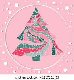 Motley Christmas Fir Tree made as Stained Glass Design. Hand drawn, Doodle Christmas Pine Trees with Abstract Patterns. Circle Frame with White Snowflakes on the Light Pink Background.