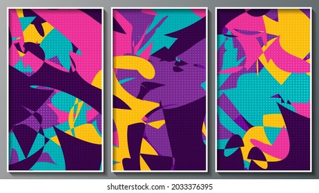 motley colorful impressionistic triptych. three images in white thin frames. illustration for Your project.vector