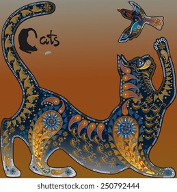 motley decorative graphic image, a cat playing with a bird