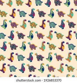 Motley dinosaurios infantiles de patrón vectorial sin costuras. Dibujo de una textura infinita vibrante con animales prehistóricos. La era jurásica sonriente encontró un patrón impecable de dinos. Patrón de dinosaurios amigables en amarillo 