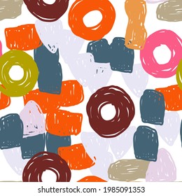 Motley Doodle Vector Seamless Pattern. Gray and Orange Organic Shape Poster. Blue and Brown Brush Collage. Simple Scribble Design.