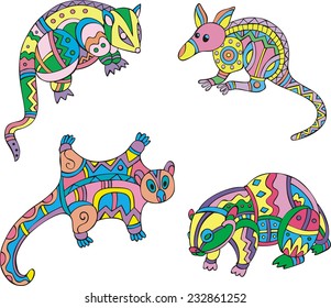 Motley exotic animals. Set of ethnic vector designs.