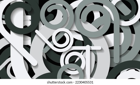 Motley geometric background in white-gray tones. Chaotically overlapping spiral stripes of different sizes and shades. Vector. 
