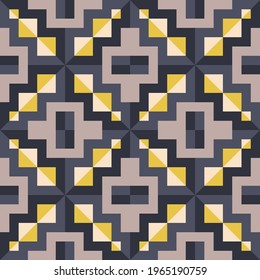 motley geometric seamless pattern. beige, black, yellow, gray triangles, stripes, polygons lined in a certain order. vector
