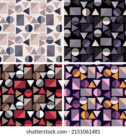 Motley geometric seamless pattern. A variety of textured shapes are arranged randomly on the surface. Set of four vector images.